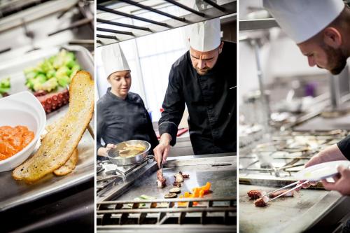 three pictures of a chef preparing food in a kitchen at Hotel Torino Wellness & Spa in Diano Marina