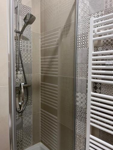 a shower with a glass door in a bathroom at Borgo Vivo in Calitri