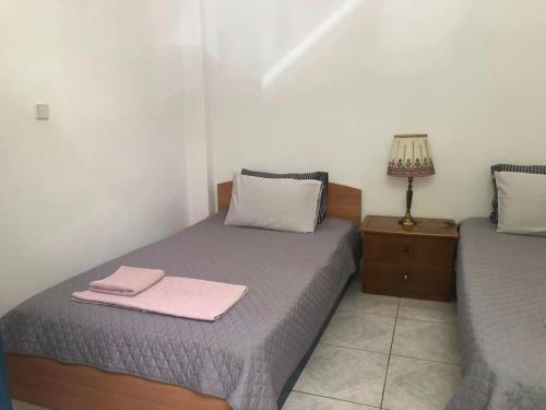 a bedroom with two beds with pink towels on them at Διαμερίσμα σε πολυκατοικία ως ολόκληρος χώρος. in Piraeus