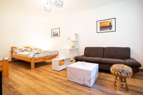 ein Wohnzimmer mit einem Sofa und einem Bett in der Unterkunft Apartmán na Jednotke in Banská Bystrica