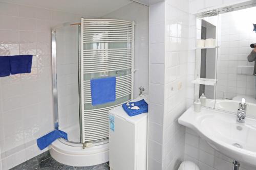 a white bathroom with a shower and a sink at Haus Mona **** in Bad Heilbrunn