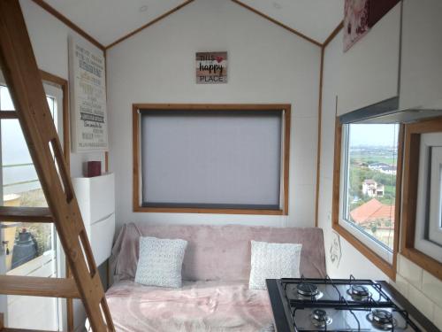 a living room with a couch in a tiny house at Tiny House Cluj with Jacuzzi in Sînnicoară