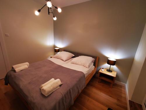 Postel nebo postele na pokoji v ubytování Leśny Apartament nad Zalewem No.3