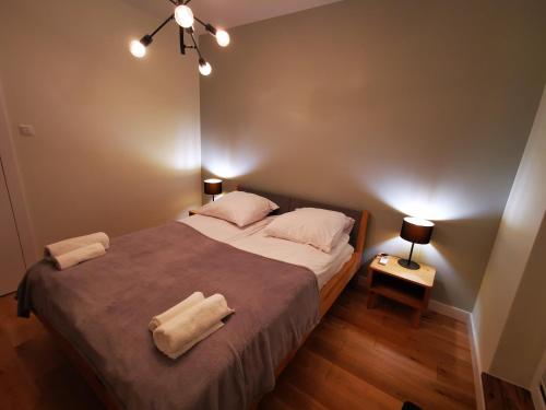 Un pat sau paturi într-o cameră la Leśny Apartament nad Zalewem No.3