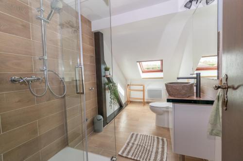 a bathroom with a shower and a toilet at Private & Comfortable Apartments in Puttelange-aux-Lacs