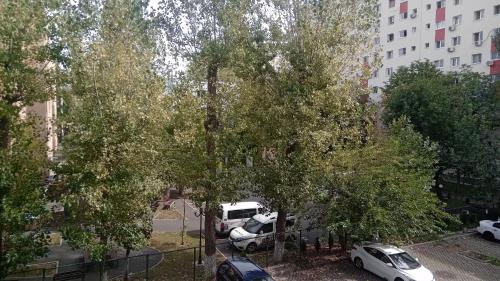 a white van parked under a tree in a city at Studio in Bucharest