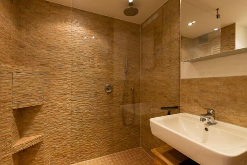 La salle de bains est pourvue d'un lavabo et d'une douche. dans l'établissement stylish apartment Old Town free parking, à Heidelberg