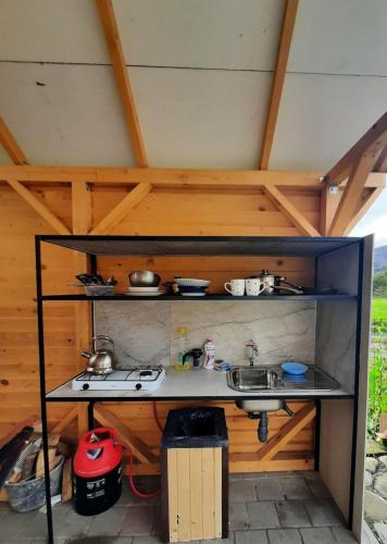 a kitchen with a counter and a sink in a room at Villa Opir in Skole