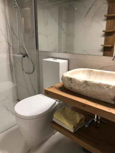 a bathroom with a sink and a toilet and a shower at Nice Apartment private host Engelberg in Engelberg