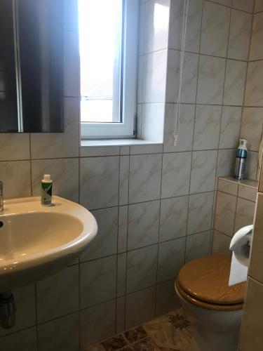 bagno con lavandino, servizi igienici e finestra di Ferienwohnung 3 vom Friesenhof Wieratal 