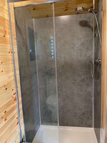 a shower with a glass door in a bathroom at River Huts with Private Hot Tubs in Inverness