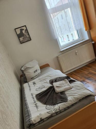 Cama pequeña en habitación con ventana en Monteurs u. Ferienwohnung en Glauchau