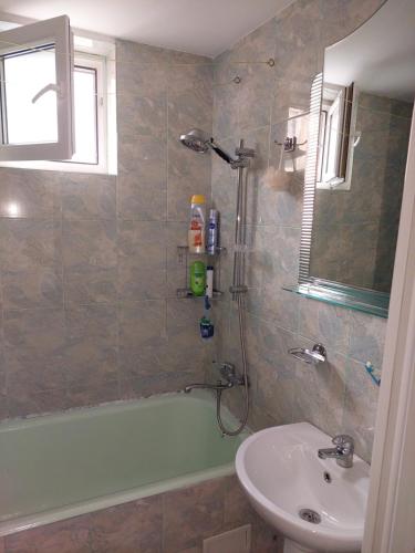 アルバ・ユリアにあるApartament foarte okの浴槽、洗面台、シャワーを備えたバスルーム