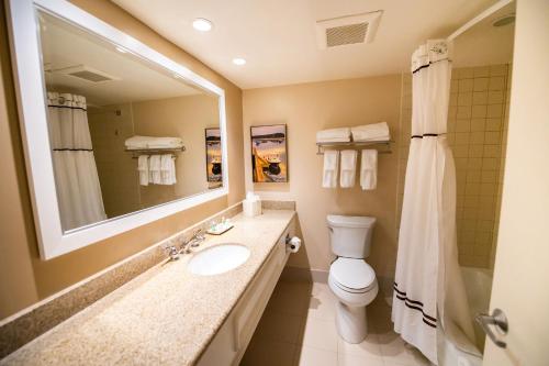 ein Badezimmer mit einem Waschbecken, einem WC und einem Spiegel in der Unterkunft Holiday Inn Bar Harbor Regency Hotel, an IHG Hotel in Bar Harbor