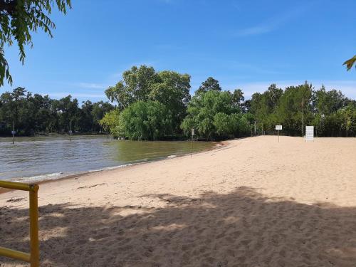 an empty beach with water and trees in the background at Delta tigre "Peperina Gambado" in Tigre