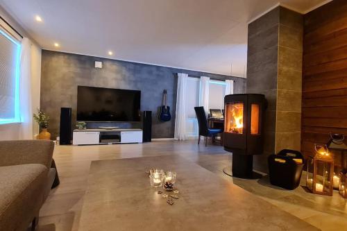 ein Wohnzimmer mit einem Sofa und einem TV in der Unterkunft Arctic Lodge Tromvik with jacuzzi in Tromsø