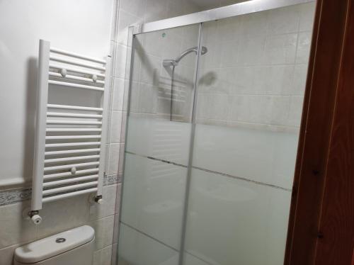 a glass shower in a bathroom with a toilet at La Casa de las Nereidas in Cuenca