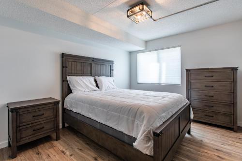 1 dormitorio con 1 cama, 2 vestidores y ventana en Modern, Rustic 2 Bed 1 bath 6 blocks from Mayo, en Rochester