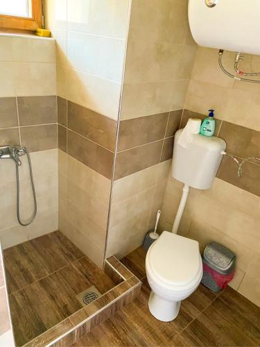 un baño con inodoro y ducha en DEA's Apartment, en Mavrovo