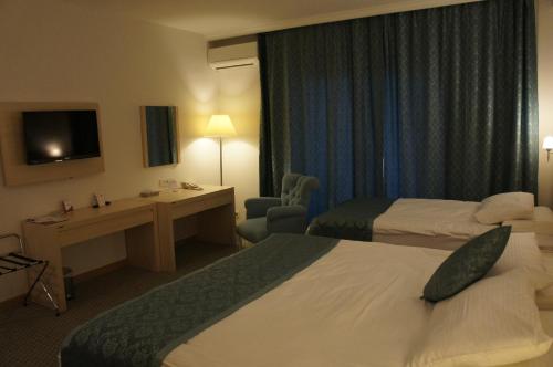 アクサライにあるAhsaray Hotelのベッド2台とデスクが備わるホテルルームです。