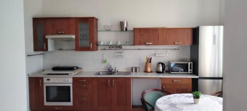 a small kitchen with wooden cabinets and a table with a tableablish at Apartmány Maňová 