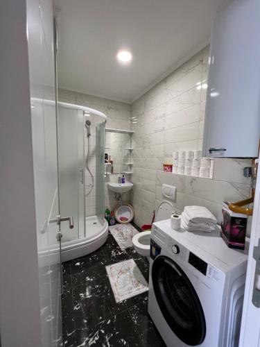 a bathroom with a washing machine and a toilet at Stan na dan Lorena in Sarajevo