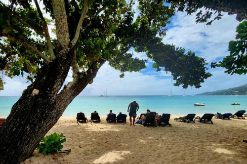 a group of people sitting in chairs on the beach at Kaz Memel in Beau Vallon