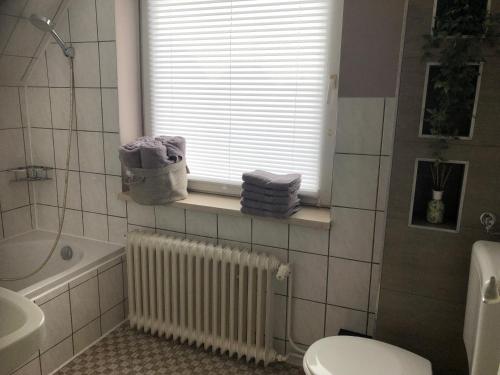 a bathroom with a toilet and a sink and a window at Wohnung mit Fernblick und Parkplatz in Jübek
