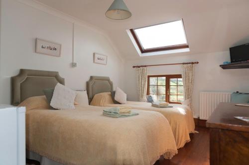 1 dormitorio con 2 camas y ventana en Burton Farmhouse, en Kingsbridge