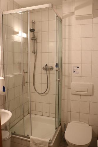 a bathroom with a shower with a toilet and a sink at Waldhotel Harz Ilsenburg in Ilsenburg