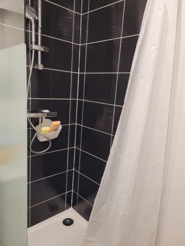 y baño con ducha y pared de azulejos negros. en Voyage de lumière - Dormir Comme à la maison -, en Châteaubriant