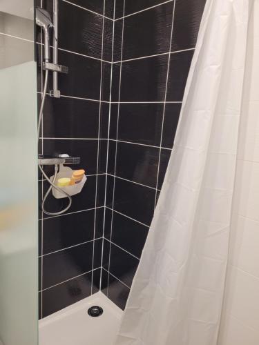 La salle de bains est pourvue d'une douche et d'un mur carrelé noir. dans l'établissement Voyage de lumière - Dormir Comme à la maison -, à Châteaubriant