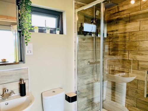 een badkamer met een douche en een wastafel bij Coral Cabins in Dunvegan