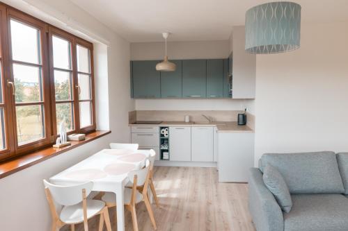 kuchnia i salon ze stołem i krzesłami w obiekcie Apartmán Sjezdovka w mieście Kašperské Hory