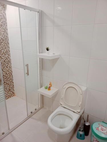 a white bathroom with a toilet and a shower at Pomegranate Tree in Wadi Musa