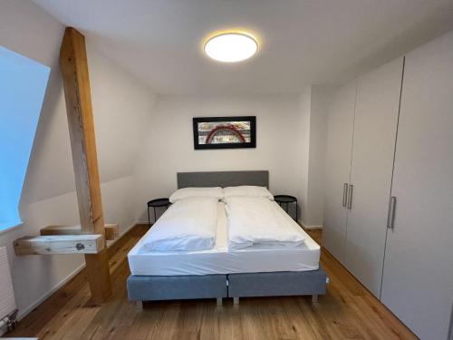 ein Schlafzimmer mit einem Bett in einem Zimmer in der Unterkunft SCHNYDER'S HOME - Rosenappartement in Rapperswil-Jona