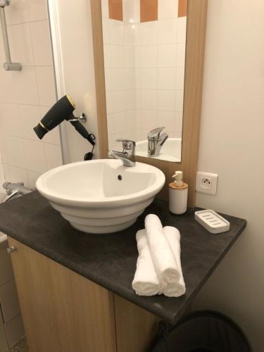 La salle de bains est pourvue d'un lavabo et d'un miroir. dans l'établissement Casita Néracaise, à Nérac