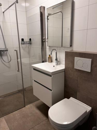 een badkamer met een toilet, een wastafel en een douche bij Mysa in Deurne