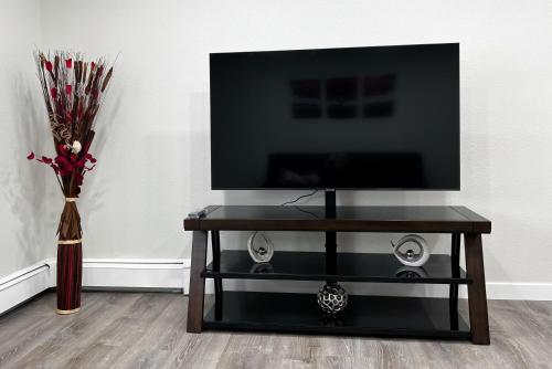 a living room with a television on a table at Anchorage midtown apartment- Wyoming 1 in Anchorage