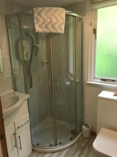 a shower with a glass door in a bathroom at Snowdonia Mawddach escape in Dolgellau