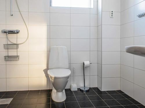 La salle de bains est pourvue d'une douche et de toilettes blanches. dans l'établissement Apartment LOFSDALEN V, à Lofsdalen