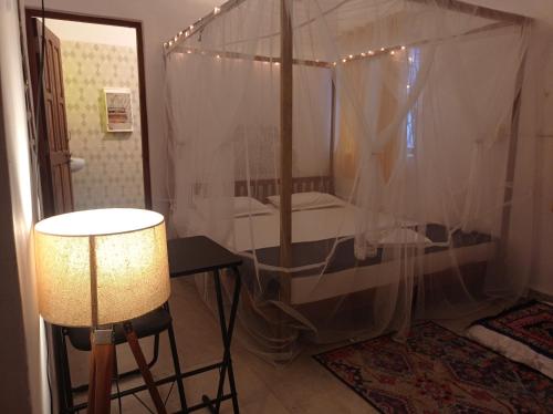 a bedroom with a bed with a canopy and a lamp at TantraLoka Retreat Centre in Arambol