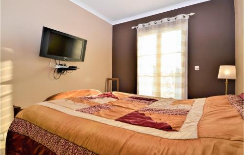 um quarto com uma cama e uma televisão na parede em 3 Bedroom Nice Home In Jonquire Saint Vincen em Jonquières-et-Saint-Vincent