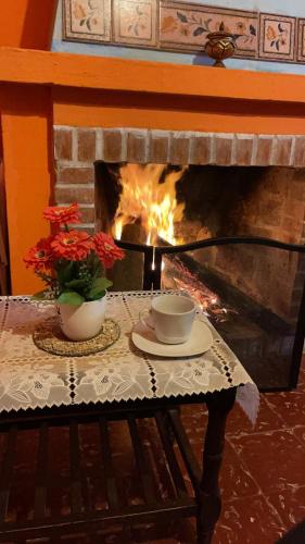 a fireplace with a table with a cup and flowers on it at Complejo Sol de Valizas in Barra de Valizas