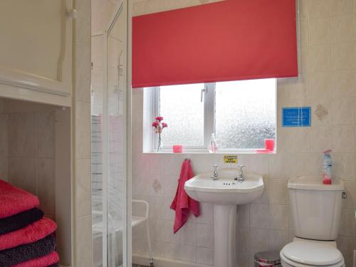 a bathroom with a toilet and a sink and a window at Lenas Lodge in Birtsmorton