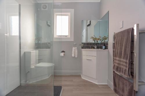 uma casa de banho com um WC, um lavatório e um espelho. em Braemar House em Oamaru