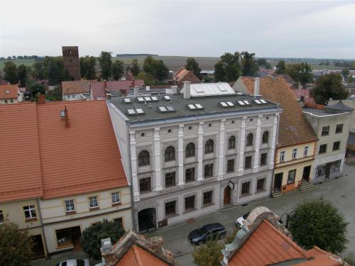 an aerial view of a building in a city at Hotel Adler in Byczyna