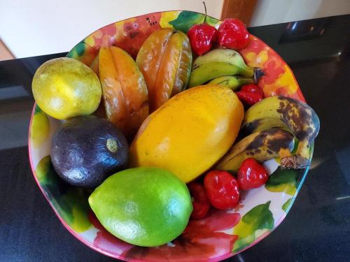 a bowl of fruit and vegetables on a table at Pahoa Paradise Palms in Pahoa