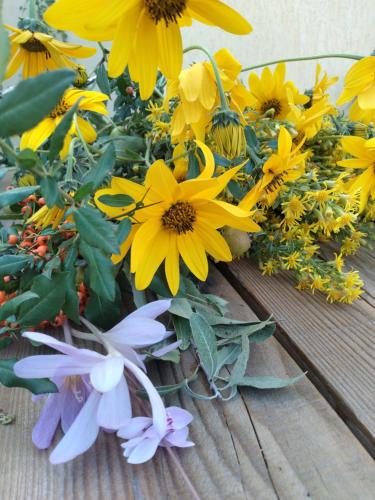 a bunch of yellow flowers on a wooden table at Skrapari Studio Apartment in Çorovodë