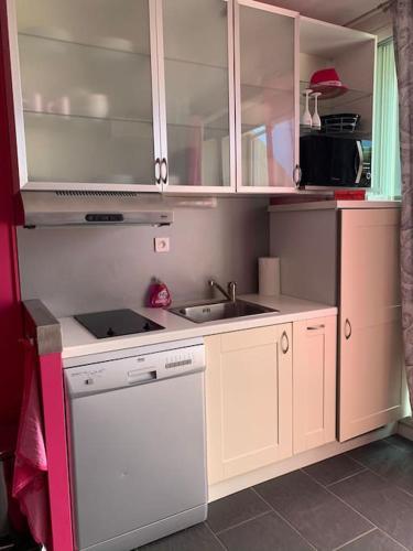 une petite cuisine avec des armoires blanches et un évier dans l'établissement Sex On The Beach - Luxury Studio Heliopolis O, au Cap d'Agde